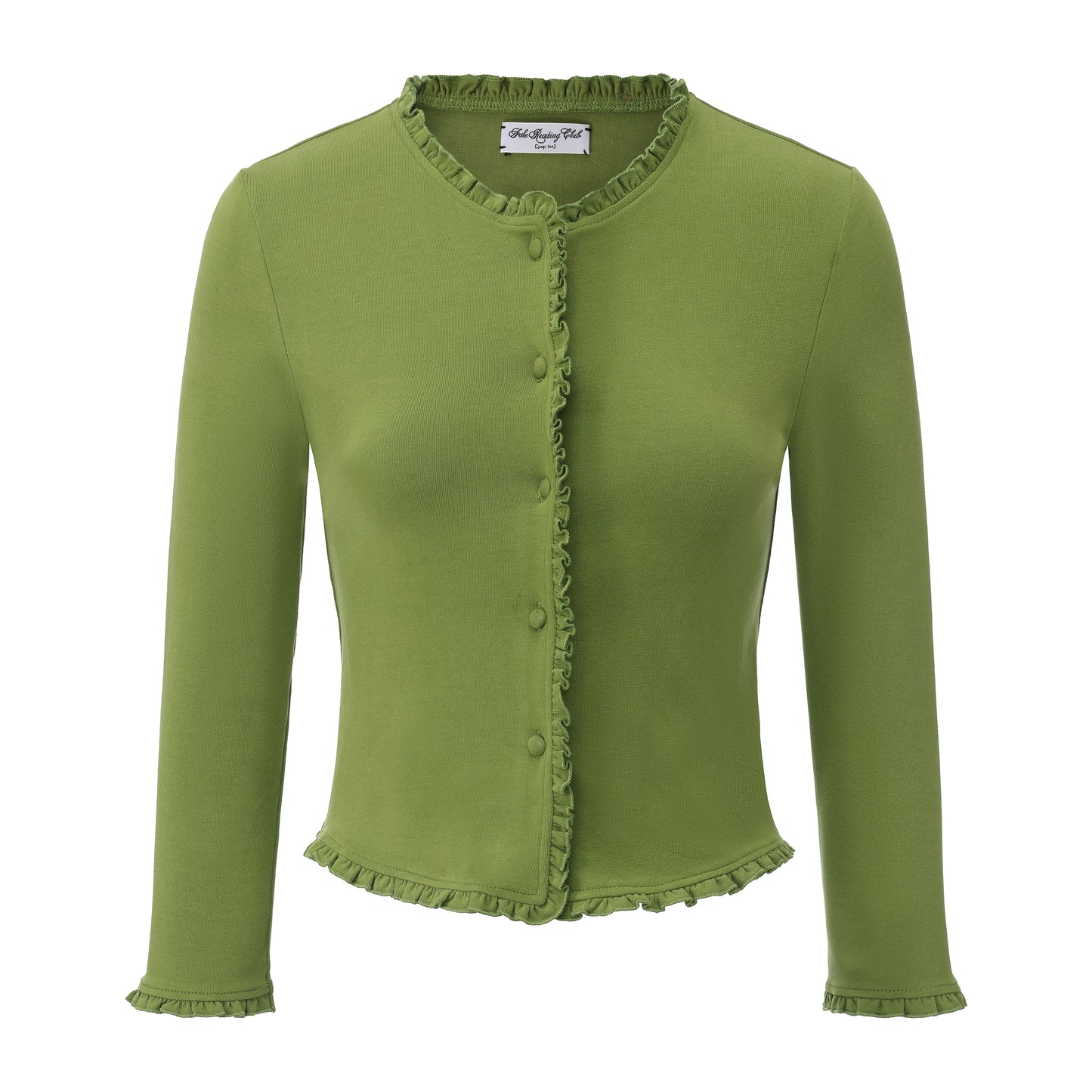 GREEN FAKE READING RUFFLE CARDIGAN
