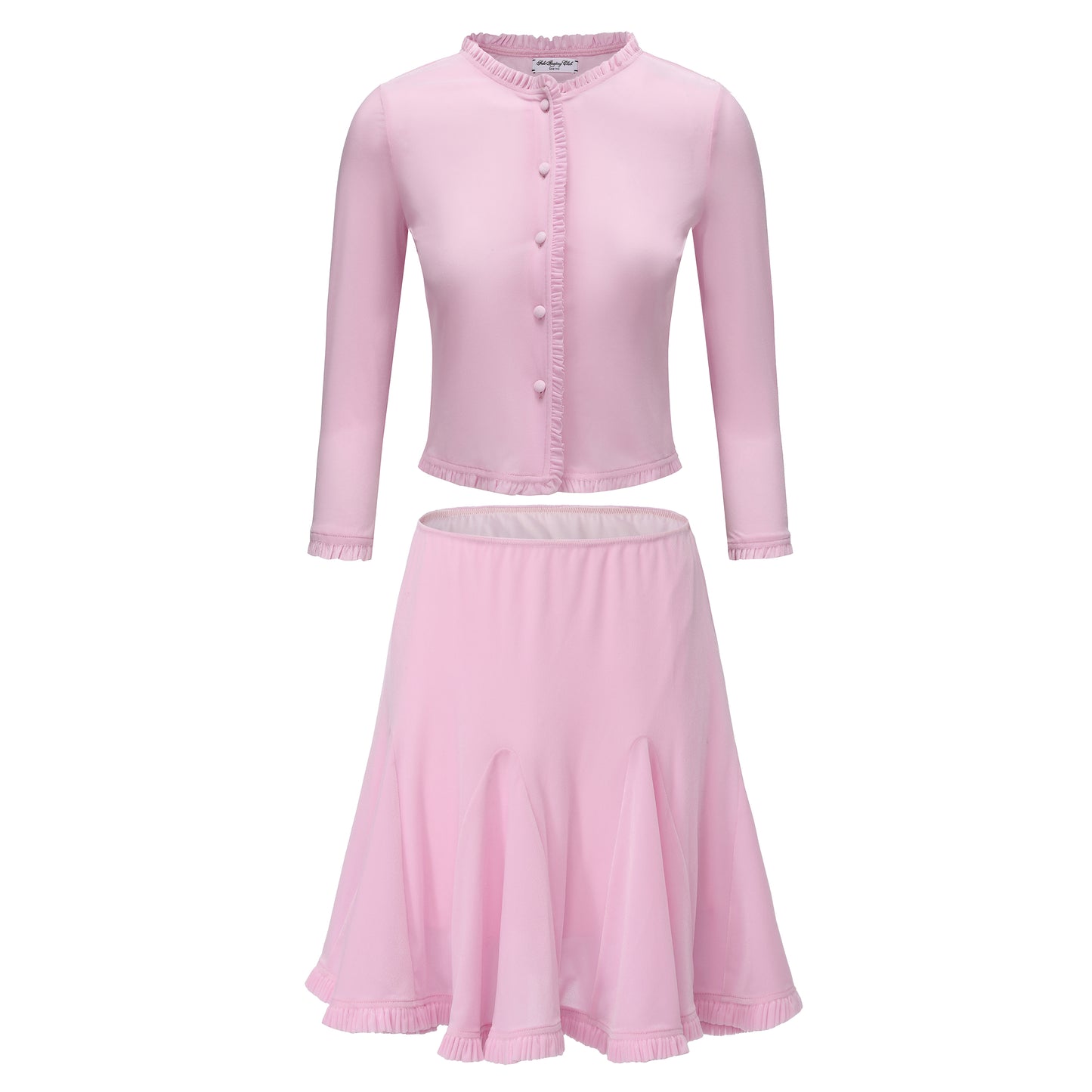 PINK FAKE READING RUFFLE CARDIGAN AND SKIRT