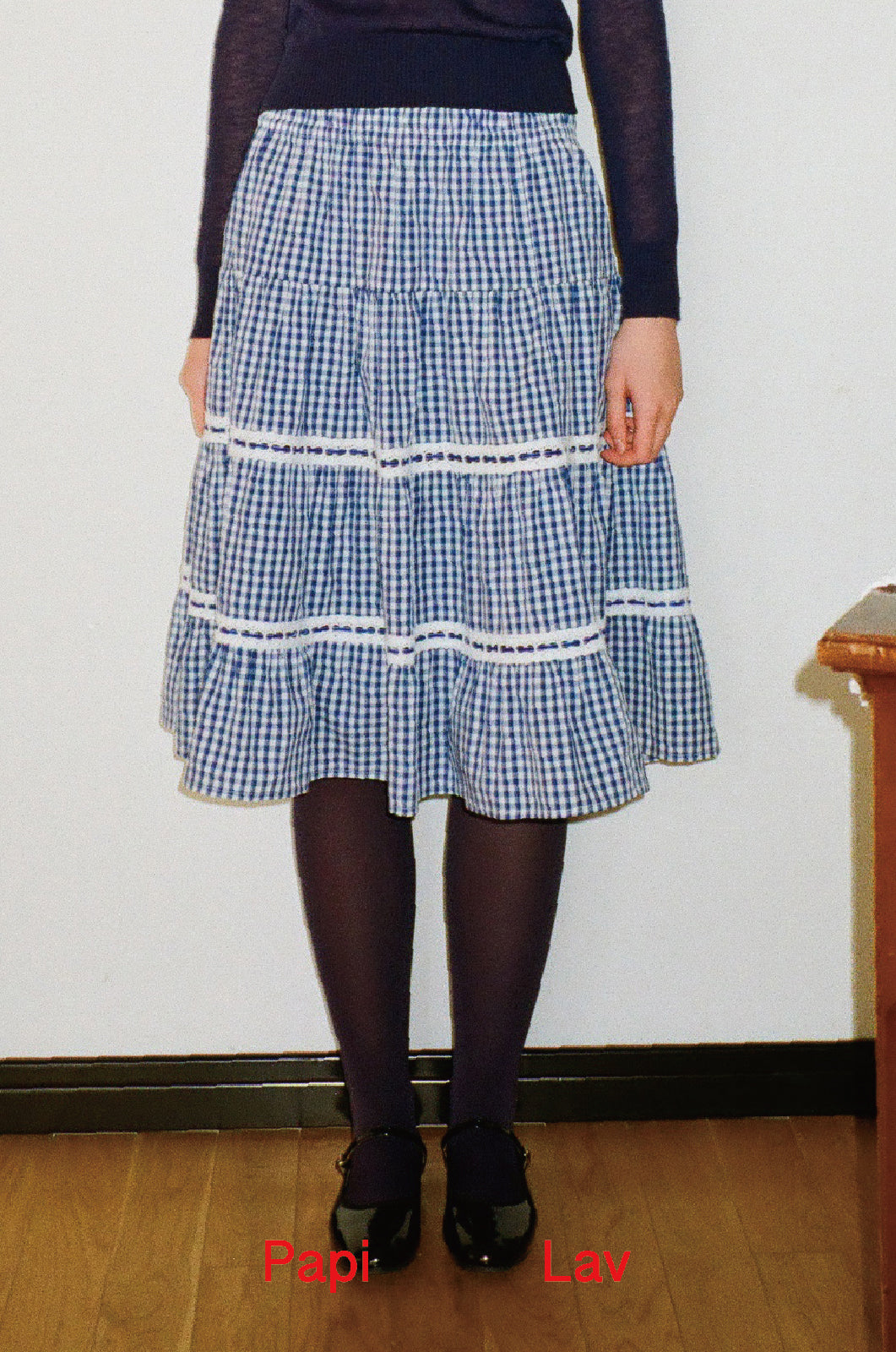 BLUE GINGHAM LOVIE MIDI SKIRT