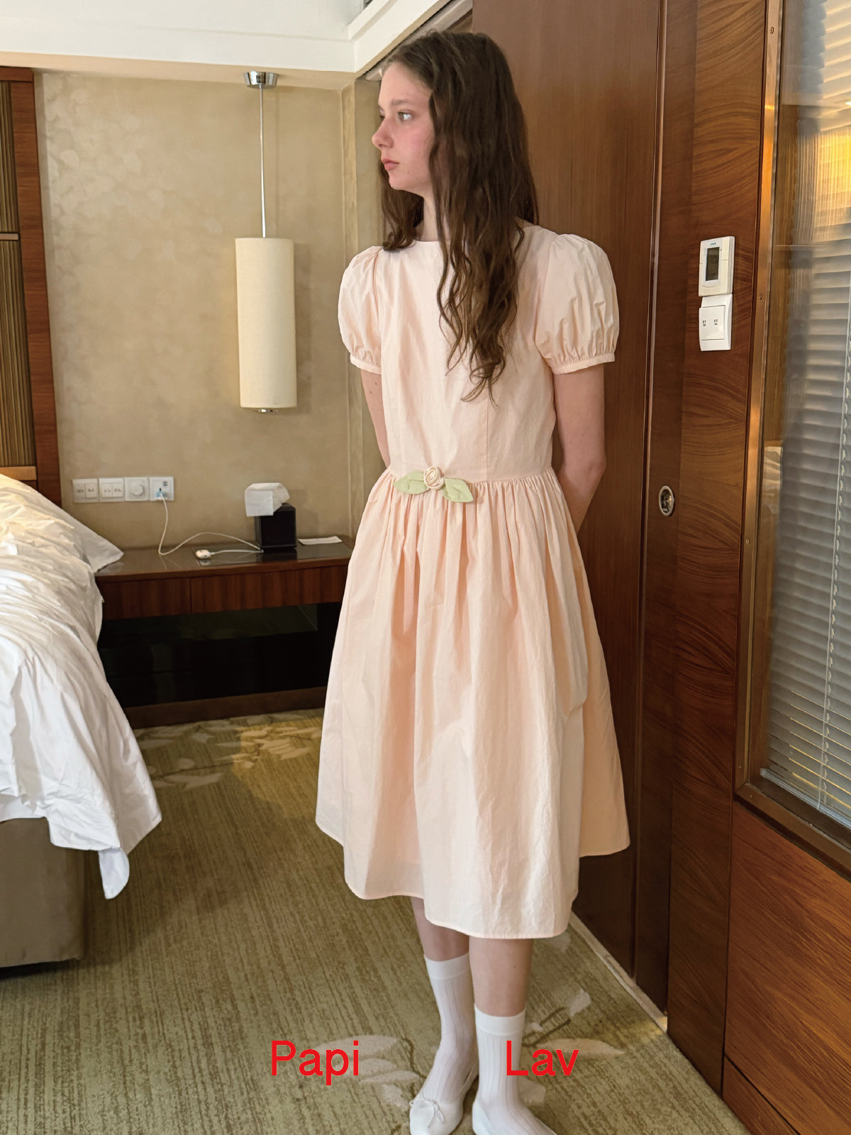 Apricot Pink Poppy Puff-Sleeve Dress