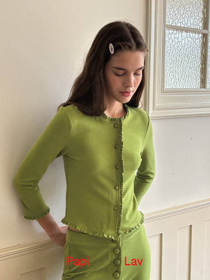 GREEN FAKE READING RUFFLE CARDIGAN