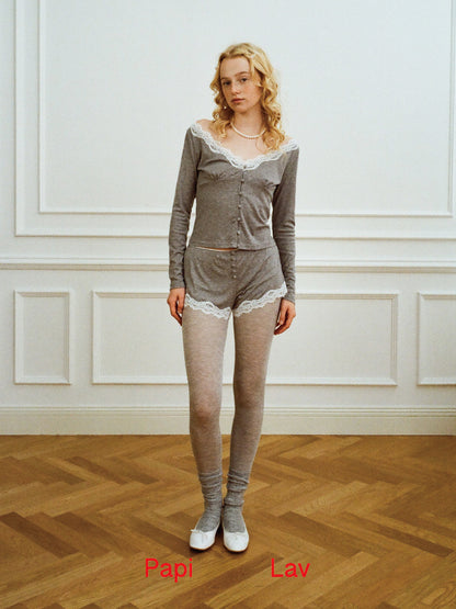 GREYSTAY V-NECK LACE-TRIMMED CARDIGAN AND FUZZY SHORTS