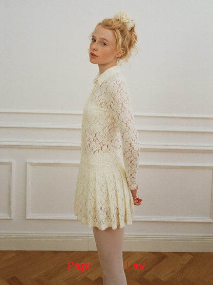 CREAM LACE DARLA PLEATED SHIRT DRESS