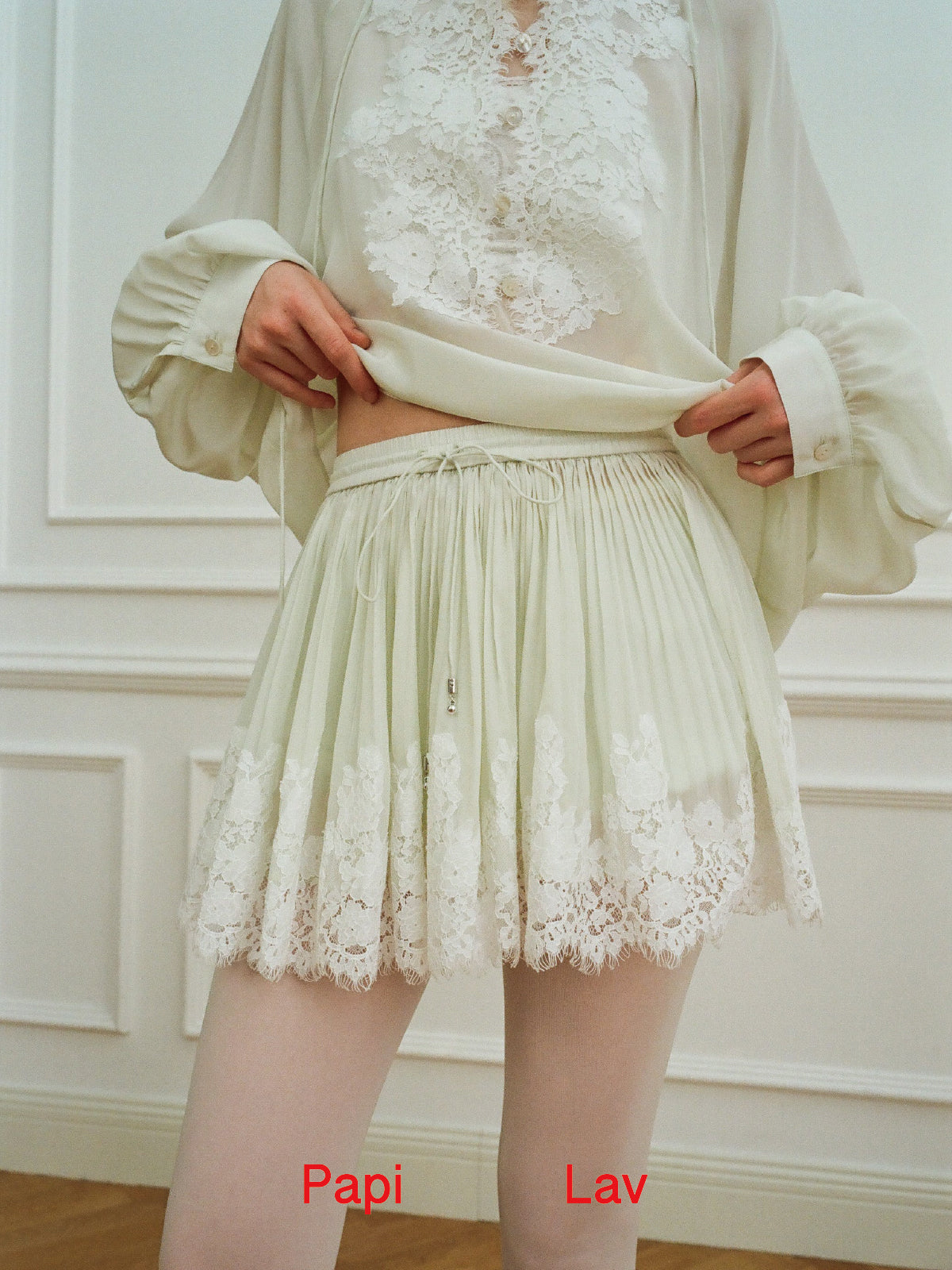 LIGHT GREEN MISS-YOU HOODED SHIRT AND PLEATED SKIRT