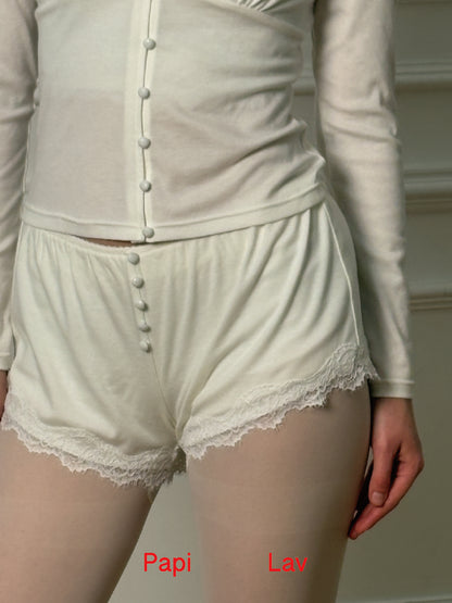 WHITE STAY V-NECK LACE-TRIMMED CARDIGAN AND FUZZY SHORTS SET