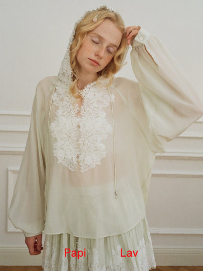 LIGHT GREEN MISS-YOU HOODED SHIRT AND PLEATED SKIRT
