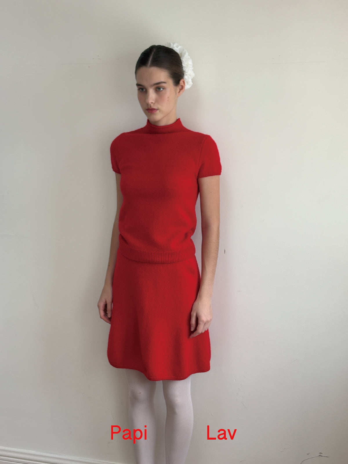 RED INTROVERTED KNIT TOP AND SKIRT