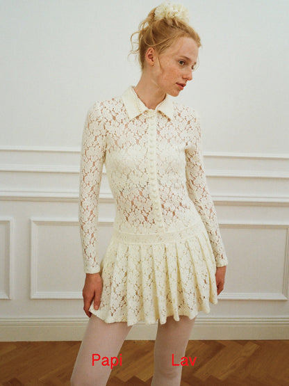 CREAM LACE DARLA PLEATED SHIRT DRESS