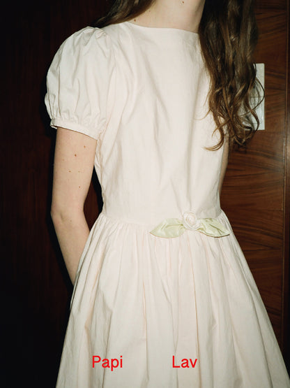 Apricot Pink Poppy Puff-Sleeve Dress