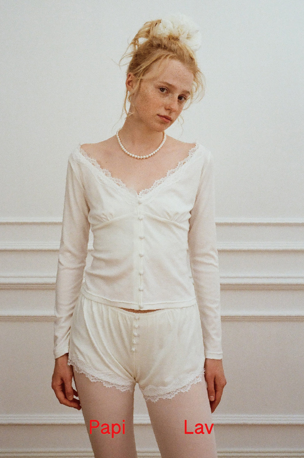 WHITE STAY V-NECK LACE-TRIMMED CARDIGAN AND FUZZY SHORTS SET