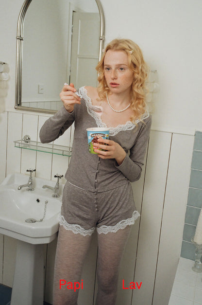 GREYSTAY V-NECK LACE-TRIMMED CARDIGAN AND FUZZY SHORTS