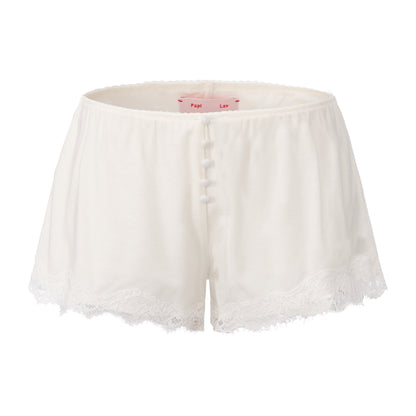 WHITE STAY V-NECK LACE-TRIMMED CARDIGAN AND FUZZY SHORTS SET