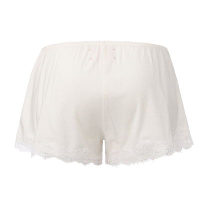 WHITE STAY V-NECK LACE-TRIMMED CARDIGAN AND FUZZY SHORTS SET
