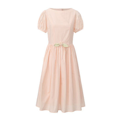 Apricot Pink Poppy Puff-Sleeve Dress