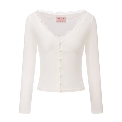 WHITE STAY V-NECK LACE-TRIMMED CARDIGAN AND FUZZY SHORTS SET