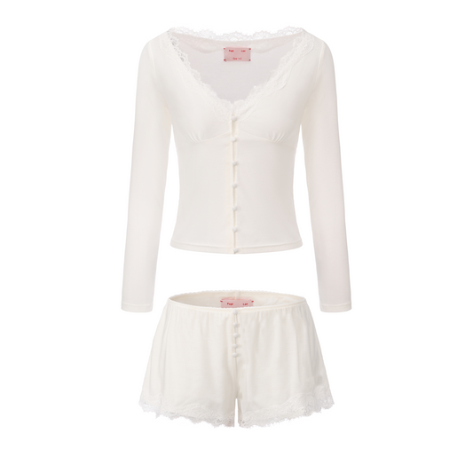 WHITE STAY V-NECK LACE-TRIMMED CARDIGAN AND FUZZY SHORTS SET