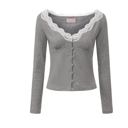 GREYSTAY V-NECK LACE-TRIMMED CARDIGAN AND FUZZY SHORTS