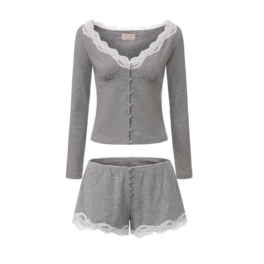 GREYSTAY V-NECK LACE-TRIMMED CARDIGAN AND FUZZY SHORTS
