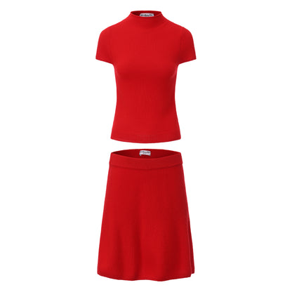 RED INTROVERTED KNIT TOP AND SKIRT