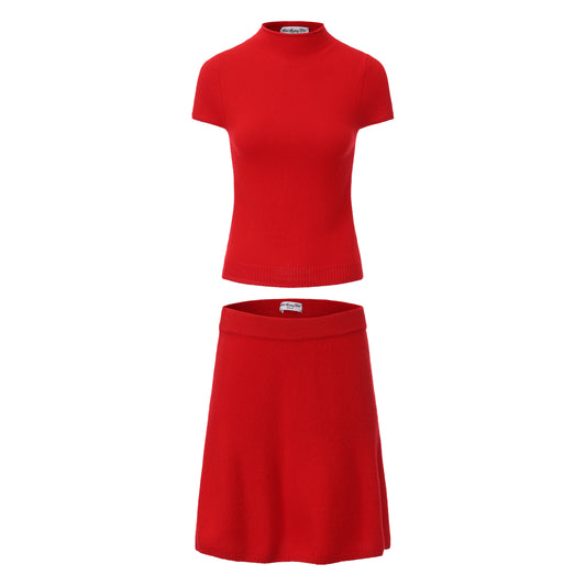 RED INTROVERTED KNIT TOP AND SKIRT