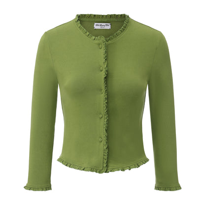 GREEN FAKE READING RUFFLE CARDIGAN