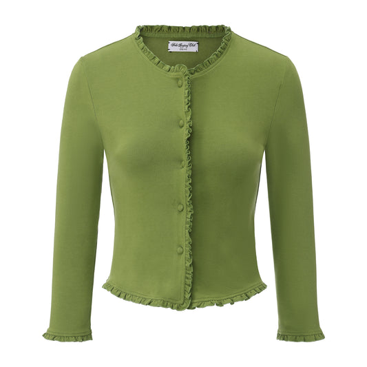 GREEN FAKE READING RUFFLE CARDIGAN