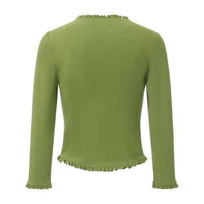 GREEN FAKE READING RUFFLE CARDIGAN