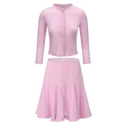 PINK FAKE READING RUFFLE CARDIGAN AND SKIRT