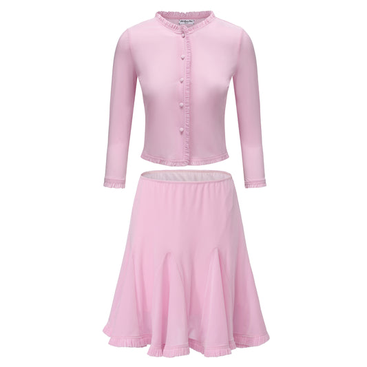 PINK FAKE READING RUFFLE CARDIGAN AND SKIRT
