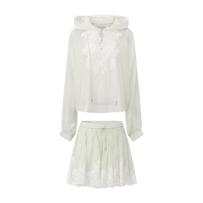 LIGHT GREEN MISS-YOU HOODED SHIRT AND PLEATED SKIRT