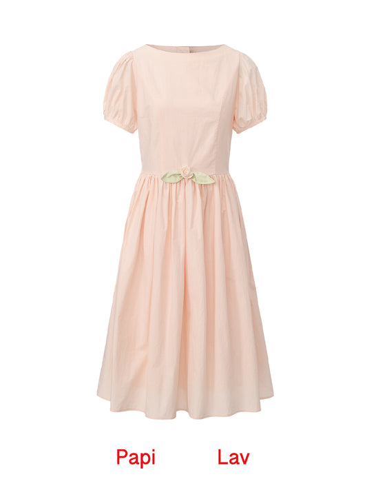 Apricot Pink Poppy Puff-Sleeve Dress