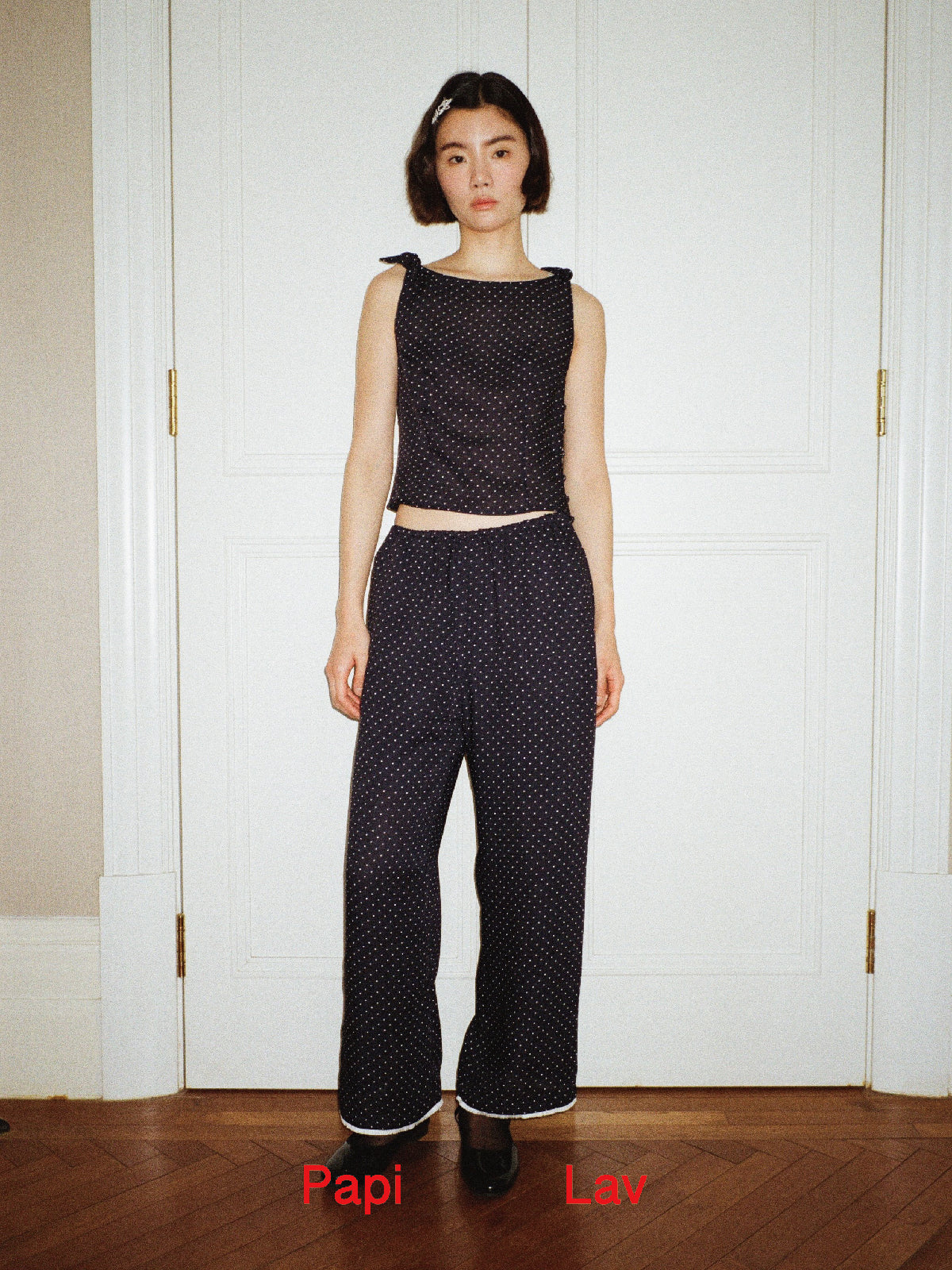 NAVY POLKA DOT HANGOVER PANTS