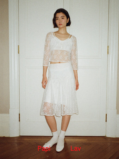 WHITE LACE GHOSTING FLARED SKIRT