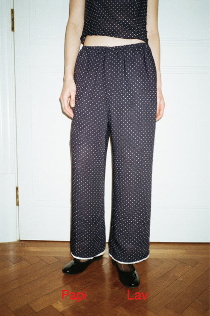 NAVY POLKA DOT HANGOVER PANTS