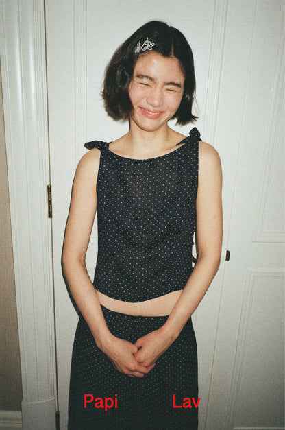NAVY POLKA DOT ROSY TOP
